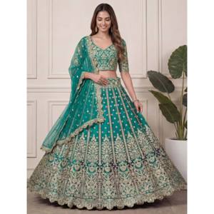 Ethnic Scarves & <b>Shawls</b> Beautiful Green Embroidered Soft Net Lehenga Choli - Product Image 5
