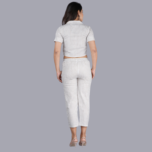 Women Casual White Check Print Co Ord <b>Set</b> Cropped Collared Button <b>Top</b> Short Sleeve High Waist Ankle Length <b>Trousers</b> 100% Cotton - Product Image 2