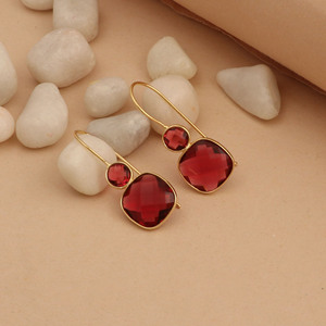 Boucles d'oreilles pendantes en quartz rose plaqué or pour femme, serti géométrique, style classique, bijoux de fête - Product Image 2
