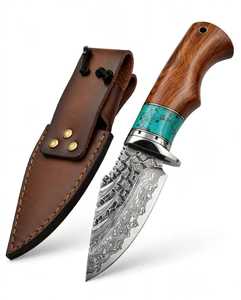 Couteau utilitaire en acier Damas forgé à la main sur mesure avec manche en bois dur et pierre turquoise, disponible en version OEM, qualité DIY - Product Image 4