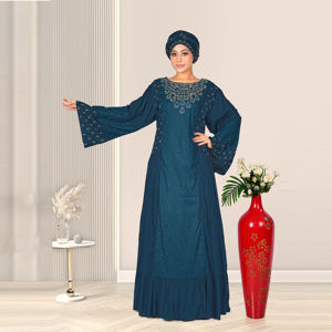 Vestido Maxi de Rayón Modesto para Mujer, Estilo Islámico de Oriente Medio, con Paneles de Red Rusos, Cuello Redondo y Manga Larga, para Eid - Product Image 1