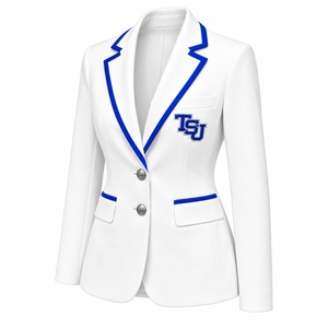 Chaqueta Blazer Blanca Personalizada para Mujer con Ribete Azul Rey, Logotipo Bordado, Uniforme Escolar, de Sororidad, Corporativo, OEM - Product Image 4