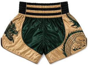 Shorts de Muay Thai pour hommes, vert, broderie de dragon doré, vêtements de sport, coupe régulière pour adultes, polyester extensible - Product Image 2