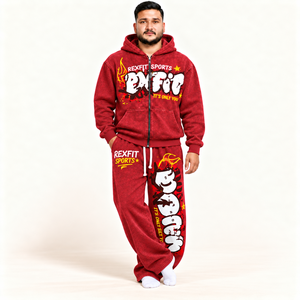 Ensemble de survêtement polaire zippé pour homme RexFit Sports avec pantalon à jambe large à imprimé graphique, poignets côtelés, taille à cordon de serrage, étiquette personnalisée - Product Image 2