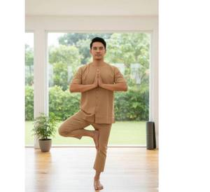 Ensemble deux pièces décontracté pour homme en mélange de lin de haute qualité, chemise unie à col bandoulière et pantalon à cordon de serrage, idéal pour le sport et le fitness. - Product Image 2