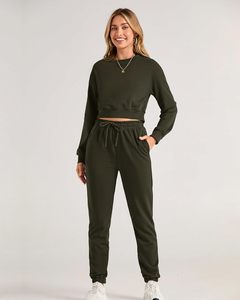 Ensemble de survêtement vert olive uni pour femme, sweat-shirt à col rond et manches longues, pantalon de jogging avec cordon de serrage et poches latérales - Product Image 5