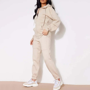Ensemble de survêtement beige à capuche pour femme, 2 pièces, sweat-shirt à manches longues, pantalon de jogging, couleur unie, 100% coton, respirant, streetwear, hiver - Product Image 2