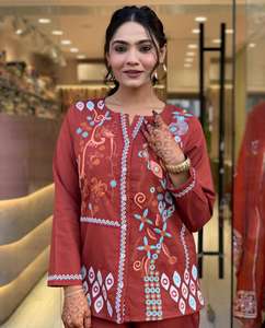 Ensemble coordonné en coton premium Rust avec broderie, ensemble coordonné de créateur lourdement brodé, ensemble coordonné en coton brodé pour tenue de soirée - Product Image 3