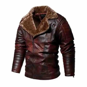 Chaqueta de Cuero PU para Hombre, Estilo Motero, Cuello de Piel Sintética, Corte Ajustado, Cierre de Cremallera, Resistente al Viento, para Invierno - Product Image 3