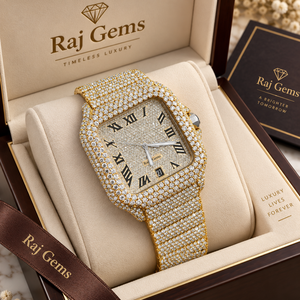 นาฬิกาข้อมือ Raj Gems Luxury Square Diamond หน้าปัดอนาล็อก แสดงวันที่ รุ่น Unisex ขนาด 40 มม. เครื่องจักรกล ตัวเรือนสแตนเลสคุณภาพสูง สายรัดแบบ Butterfly Clasp - Product Image 1