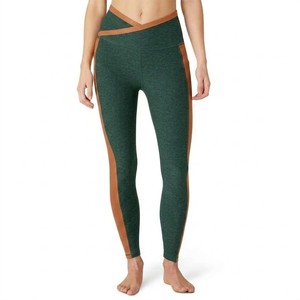 High Waist Color Blocked Yoga Leggings With Side Stripe Full Length Stretch Pants For Women Green And Brown Contrast Design - Product Image 1