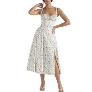 Vestido Midi Transpirable con Estampado Floral, Corte A, Sin Tirantes, Verano, Casual, Algodón Tejido, Cintura Alta, Ajustado, con Abertura en el Bajo Estilo Sirena, para Mujer - Product Image 1