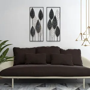 Modern Metal <b>Wall</b> <b>Art</b> Set of 2 Rectangular Floral <b>Leaves</b> Decorative Hanging Sculpture 14x36 Inch - Product Image 4