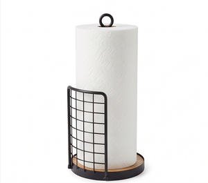 Support de papier essuie-tout en bois avec base en fil de fer noir thermolaqué, distributeur de comptoir et élégant support organisateur de cuisine - Product Image 1
