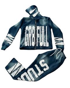 Pantalones Deportivos Holgados y Sudadera con Capucha de Corte Cuadrado, Lavado Ácido, Decoloración al Sol, Diseño Personalizado con Pedrería, Conjuntos Deportivos - Product Image 5