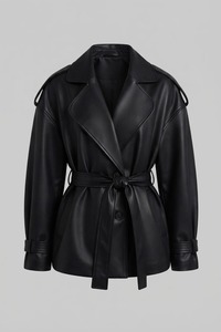 Black Plus Size Faux <b>Leather</b> Belted <b>Jacket</b> Peaked Lapel <b>Long</b> Sleeve Waist Cinch Outerwear - Product Image 5