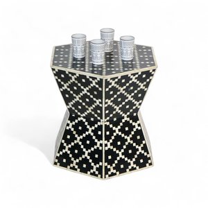 Black and <b>White</b> Bone Inlay MDF Side Table Handmade Hexagonal Bedside <b>Wardrobe</b> Luxury Table Bedroom Accent Furniture - Product Image 2