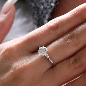 Wholesale 1.5ct Round Cut Lab Grown Diamond IGI Certified 14K Solid Yellow Gold Ring for Women Luxury Three <b>Stone</b> Pear Side Diam - Product Image 1