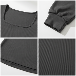 Ribbed <b>Square</b> <b>Neck</b> Puff <b>Sleeve</b> Hiking <b>Top</b> <b>Long</b> <b>Sleeve</b> Fitted Knit Breathable Lightweight Ribbed Cuff Custom OEM Wholesale Manufa - Product Image 5