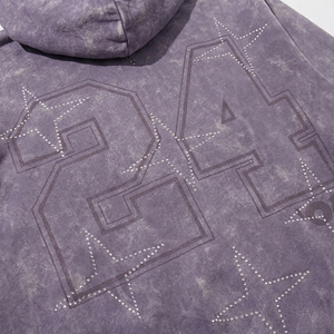 Wholesale Washed Purple <b>Zip</b> Hoodie with Rhinestone Star Accents | Vintage‑Look Athletic Fleece | OEM Streetwear Supplier - Product Image 3