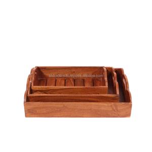 ถาดไม้ตกแต่งหรูหราพร้อมหูจับ สำหรับเสิร์ฟอาหาร กาแฟ และตกแต่งบ้าน ทำด้วยมือจากไม้กระถินเทศ มะม่วง และไม้ชีชัม ชุดถาดเสิร์ฟ - Product Image 1