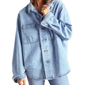 Chemisier en jean oversize classique à col boutonné et poches plaquées pour femme, manches longues, qualité supérieure - Product Image 1
