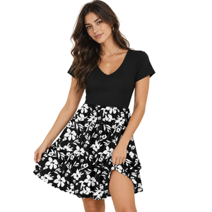 Robe courte pour femme à manches courtes, col en V, broderie florale, coupe trapèze, ourlet asymétrique et fente, tenue décontractée d'été avec jupe - Product Image 4