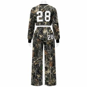 Men Camouflage Two-Piece Tracksuit Set <b>Crop</b> <b>Top</b> Loose Fit Jogger Pants Full Sleeve Hooded Zipper Fly Closure Acid Wash 100% - Product Image 2
