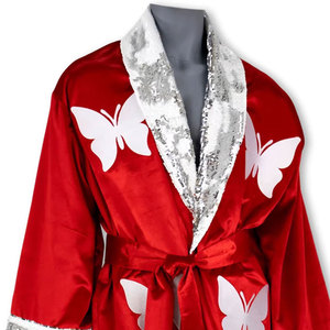 Bata de satén roja para hombre con estampado de mariposas blancas y ribete de encaje, bata de baño de manga larga a la moda - Product Image 5