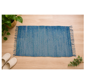 Tapete Tejido a Mano, Abstracto, Geométrico, Azul, Rectangular, de Fibra Vegetal, Estilo Bohemio, Decoración Interior, con Flecos - Product Image 1