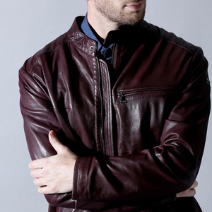 Custom Manufacturer Men Premium Maroon <b>Real</b> <b>Leather</b> <b>Jacket</b> Slim Fit Stand Collar Biker Moto Coat High Quality Outerwear - Product Image 6