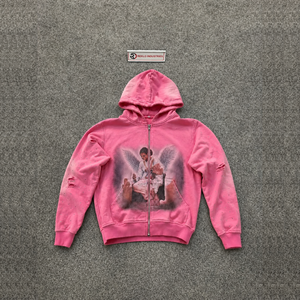 Sudadera con capucha oversize rosa con gráfico de ángel desgastado, unisex, informal, de forro polar, para otoño, estilo urbano desgastado, icónico y elegante. - Product Image 5