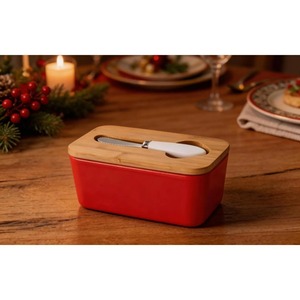 Modern Style Butter Dish With Wooden Lid Ceramic Handle Knife Elegant Butter <b>Storage</b> <b>Box</b> For Kitchen Dining Use From India - Product Image 3