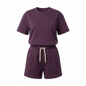Women's 2 Piece Solid Casual Shorts Set Short Sleeve T Shirt and Above Knee Drawstring Shorts Loose Fit Spring Summer - Product Image 1