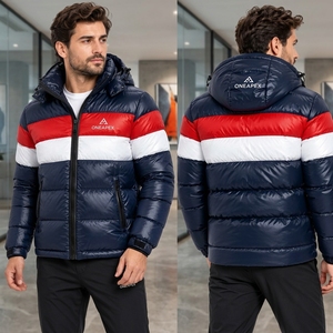 Veste matelassée à capuche pour homme, bleu marine, rouge et blanc, chaude, matelassée, pour l'hiver, veste d'extérieur légère, imperméable, One Apex - Product Image 3