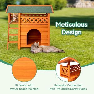 Orange Green 2-Story Wooden Feral Cat House with Weatherproof Roof Indoor Outdoor Kitty Houses Featuring Door Stairs - Product Image 5
