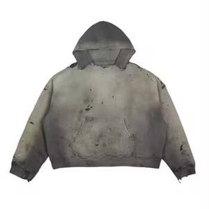 Sweat à capuche homme streetwear surdimensionné déchiré de haute qualité, effet délavé soleil, vieilli, vintage, délavé à l'acide, 100% coton, pour l'hiver - Product Image 1