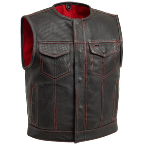 Men's Black Leather Sleeveless Biker Vest with <b>Red</b> Lining and Breathable Perforated Design All Seasons - Product Image 1