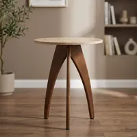 Table d'appoint ronde en bois de manguier avec plateau en travertin, moderne, faite à la main, écologique, facile à nettoyer, pour salon, chambre, coin canapé