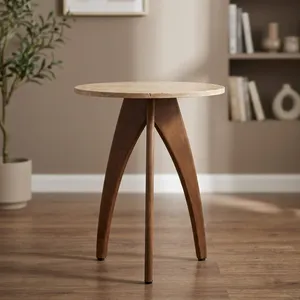 Round Mango Wood Travertine Top <b>Side</b> <b>Table</b> Handmade <b>Rustic</b> Accent Furniture For Living Room Bedroom Sofa Corner - Product Image 2