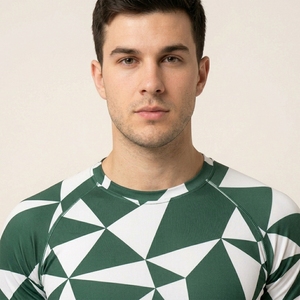 Men's Geometric Pattern Compression Shirt Short Sleeve Quick Dry Sporty Fitness Top O-Neck Slim Fit Activewear - Product Image 5