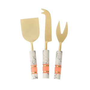 Designer White and Coral Marble Handle Gold Stainless Steel Cheese Knife <b>Set</b> Decorative Party Serving Utensils - Product Image 1