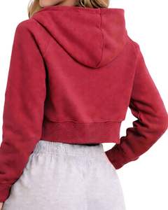 Customized Womens Cropped Zip Up <b>Hoodie</b> Long Sleeve Casual Sweatshirt Soft Fleece Streetwear Wine <b>Red</b> Color Autumn Winter Wear - Product Image 2