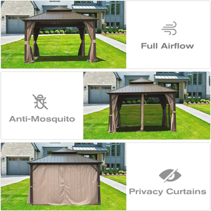 Pergola et gazebo permanents 8 x 8 en aluminium à toit rigide, avec double toit en acier galvanisé et moustiquaire intégrée - Product Image 5