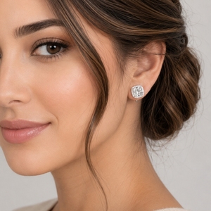 Boucles d'oreilles clous plaquées or jaune, serties de diamants de laboratoire ronds brillants en halo, idéales pour un cadeau de mariage pour elle - Product Image 3