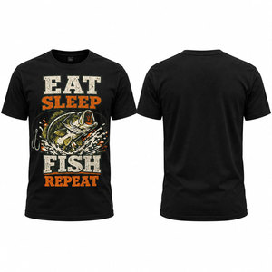 เสื้อยืดผ้าฝ้ายสีดำพิมพ์ลายด้านหน้าสำหรับผู้ชาย Eat Sleep Fish Repeat - Product Image 1