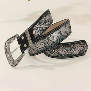 Ceinture en cuir occidentale personnalisée en gros, sculptée à la main, avec motif floral en relief, ceinture rétro avec boucle en diamant - Product Image 6
