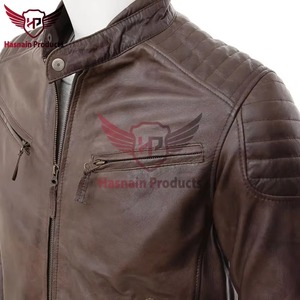 Mens Real Brown Leather Jacket Slim Biker Motorcycle Cafe Racer Cowhide <b>Coat</b> Padded Shoulder Custom Classic Fashion Outerwear - Product Image 2