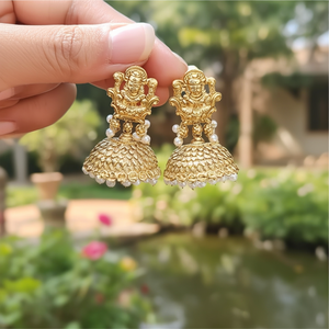One Gram Gold Plated Lakshmi Chandelier Jhumka Earrings with Pearl for Wedding & Party - Product Image 2