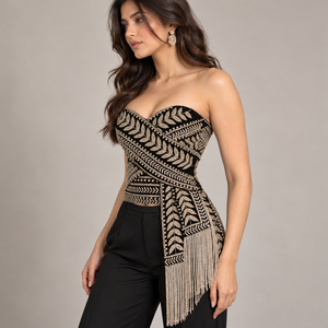 Crop top sexy d'été sans bretelles pour femme, brodé de sequins, avec franges asymétriques et motifs géométriques - Product Image 5